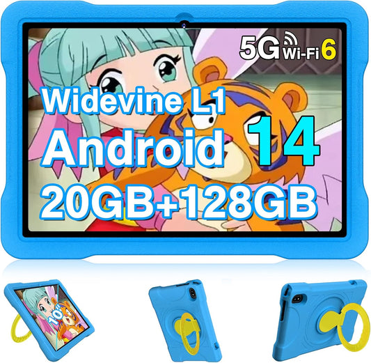 Kids Tablet Android 14 Tablet, 2025 Newest 10.1 inch Tablets, 20GB+128GB/1TB Expandable, Tablets with WiFi 6, Octa-Core, Widevine L1, Parental Control, Dual Camera, Bluetooth 5.0, Tablet EVA - Blue