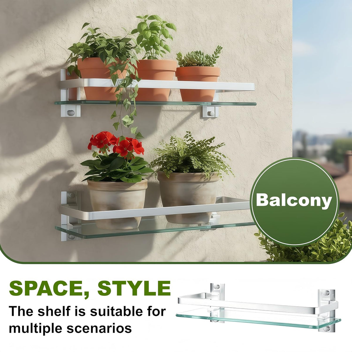Bathroom Glass Shelf 15.7" Silver Wall-Mounted, Floating Metal Storage Rack | 3 Pack Aluminum Tempered Glass 0.3in Extra Thick Rectangular,Space-Saving Design