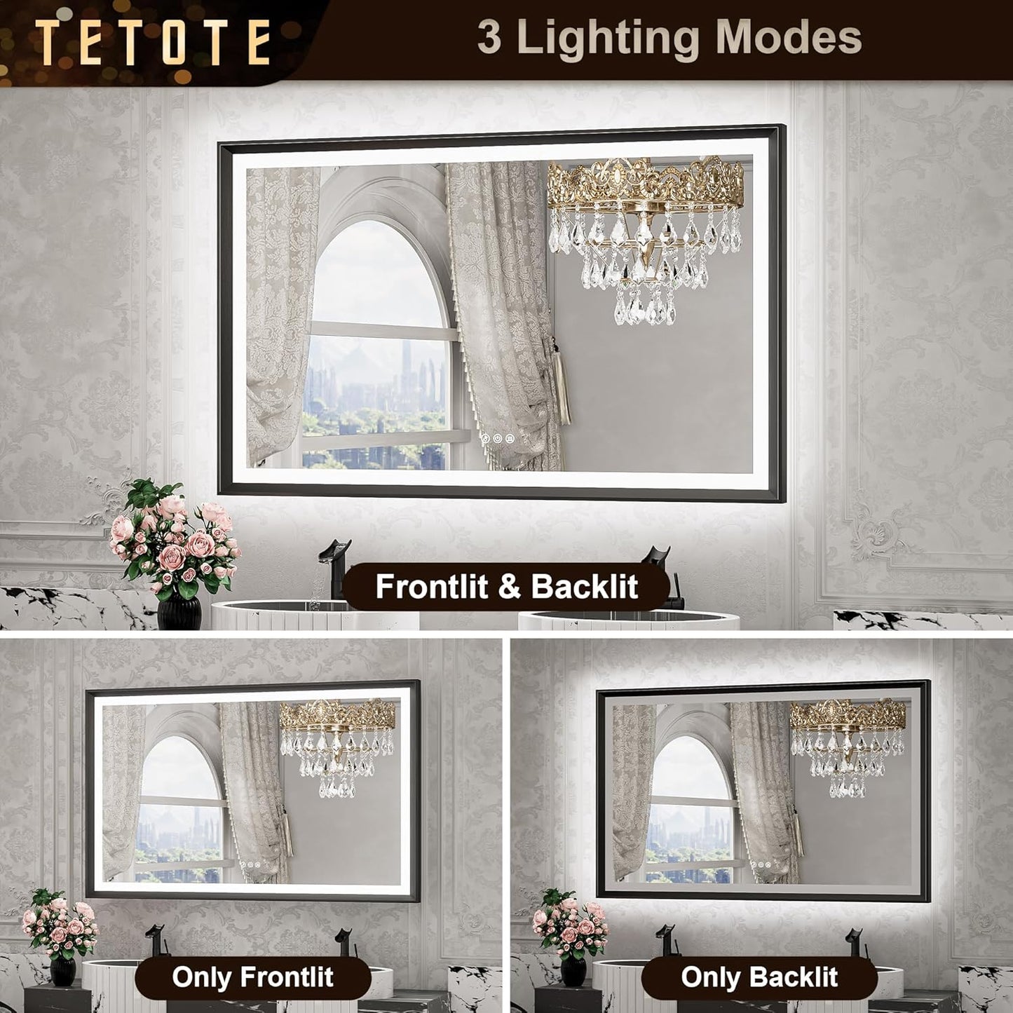 TETOTE 28x36 LED Mirror for Bathroom Black Metal Frame Frontlit & Backlit Lighted Vanity Mirror Baroque Gothic Anti Fog Stepless Dimmable White/Warm/Natural,Wall Mounted(Horizontal/Vertical)