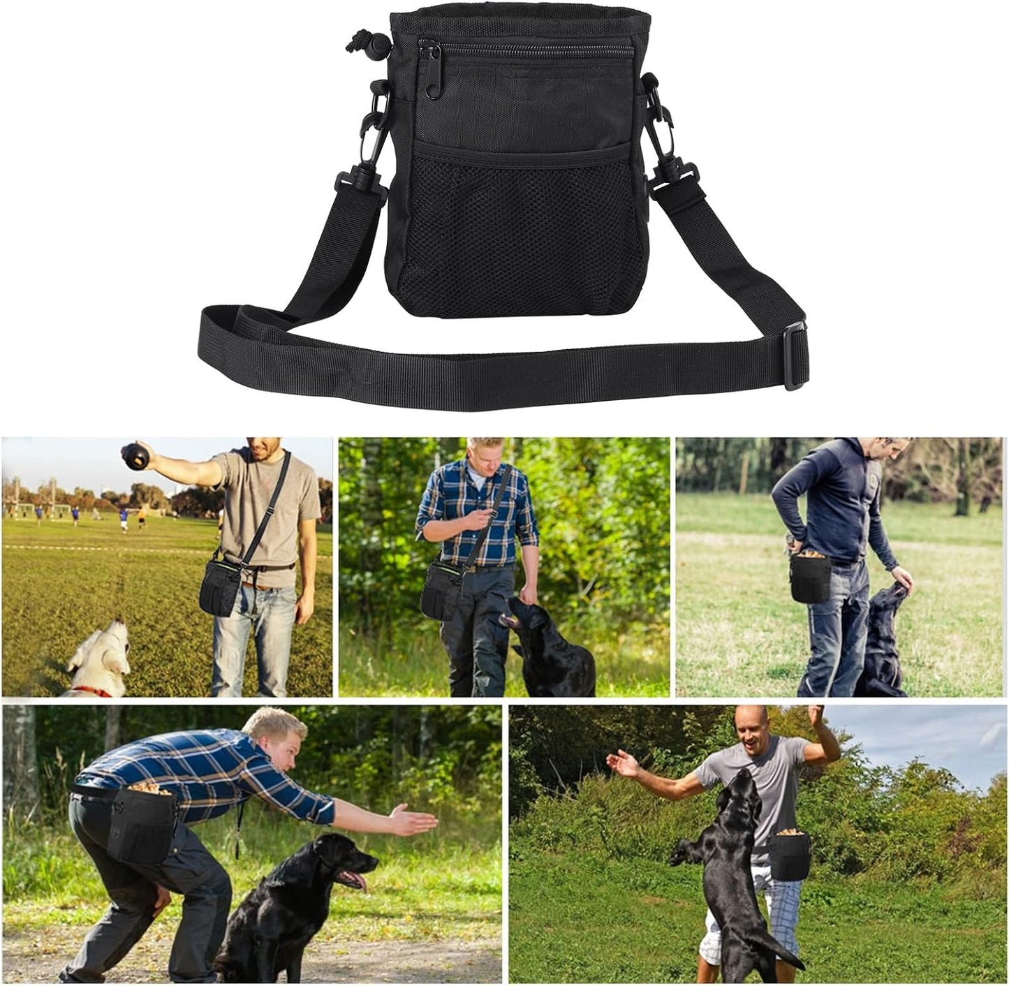 Pet Treat Bag, Dog Obedience Training Waist Pouch Reward Bait Bag Food Snack Small Items, Storage Bags with Shoulder and Strap Built in Poop Dispenser for pet