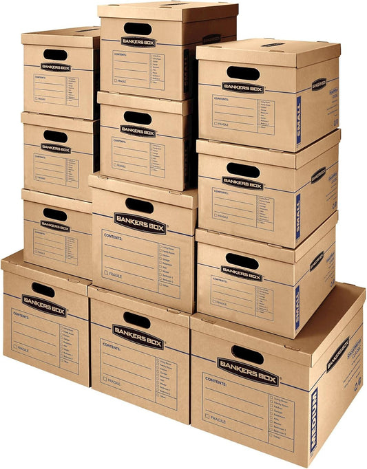 Bankers Box SmoothMove Classic Moving Kit Boxes, Tape-Free Assembly, Easy Carry Handles, 8 Small 4 Medium, 12 Pack(7716403)