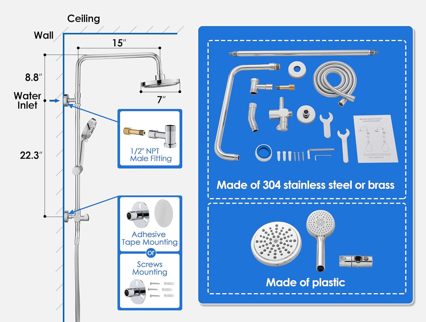 ROVOGO Retrofit Shower System with 7" RainShower, 5-Setting Handheld, 22" Slide Bar with 3-Way Rotary Diverter, Exposed Pipe Shower Column Kit 304 Stainless Steel, Chrome (NOT Include Mixer Valve)