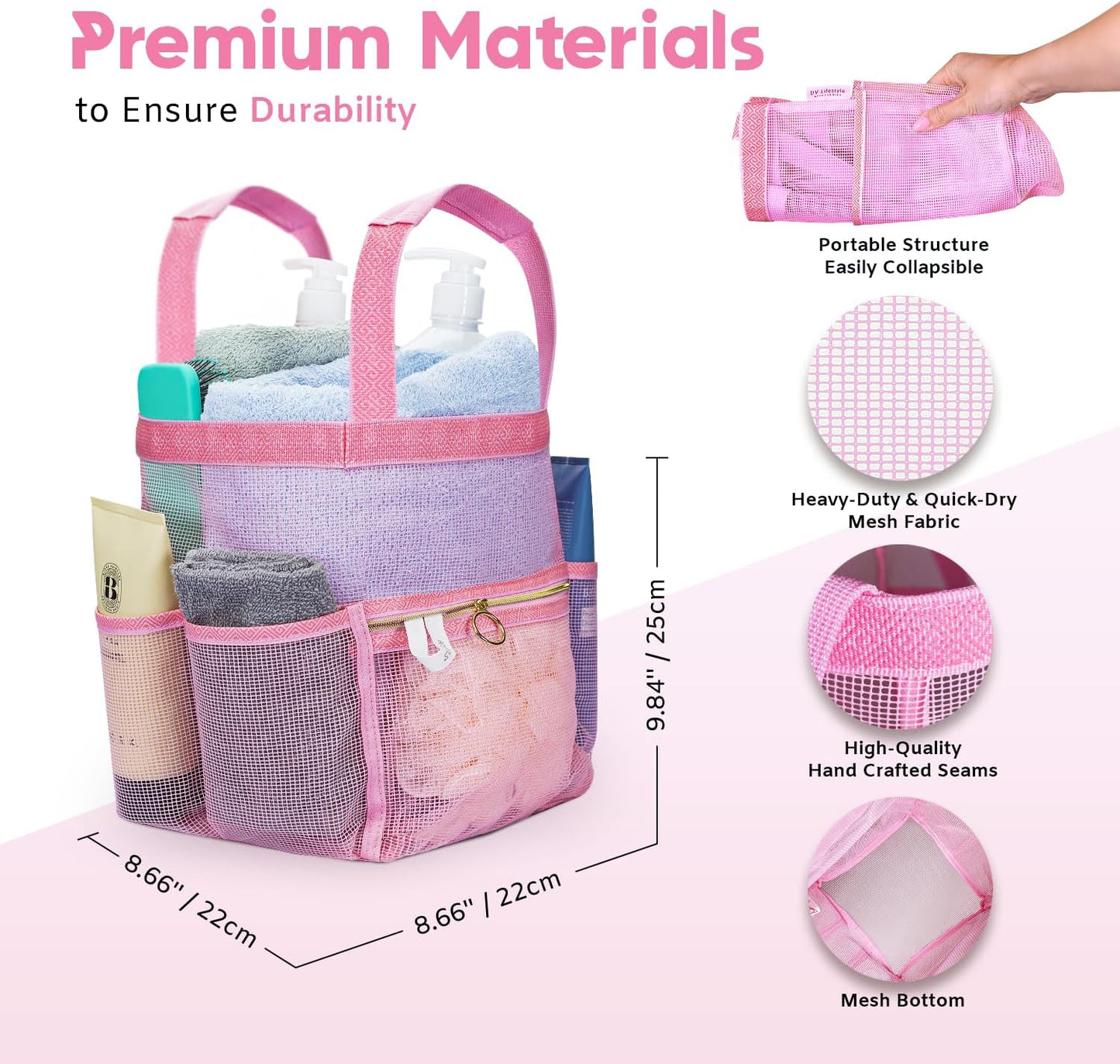 Mesh Shower Caddy Portable 10.2x9.9'' Shower Bag with Zipper & 2 Pockets. Shower Tote Ideal for Gym, Travel, Camp, Beach, for Sunscreen, Dorm & College Essentials (Black)