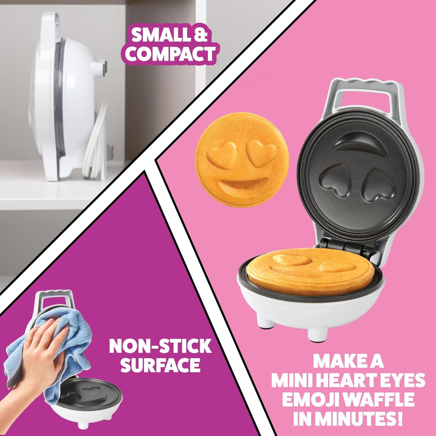Heart Eyes Emoji Mini Waffle Maker- Make Breakfast Special w Cute Personal-Sized 4" Smiley Face Pancakes- Electric NonStick Baker Iron