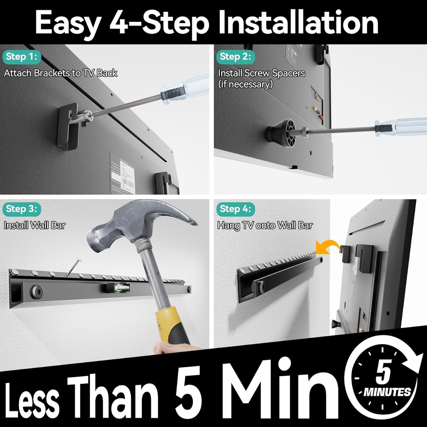 Auoace No Stud TV Wall Mount for 22-55 inch TVs, Drywall Studless TV Hanger Tilts Up to 5°, Low Profile Studless TVs Wall Mount, Easy to Install for Bedroom, Living Room