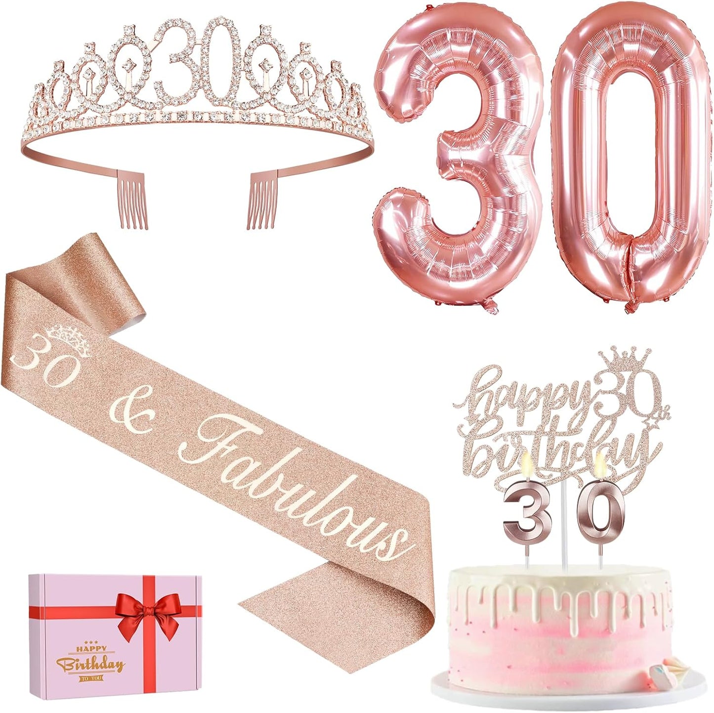65th Birthday Decorations for Women, Including 65th Birthday Sash and Crown, Cake Topper and Candles, Number Balloons Rose Gold, 65 Year Old Gifts for Women