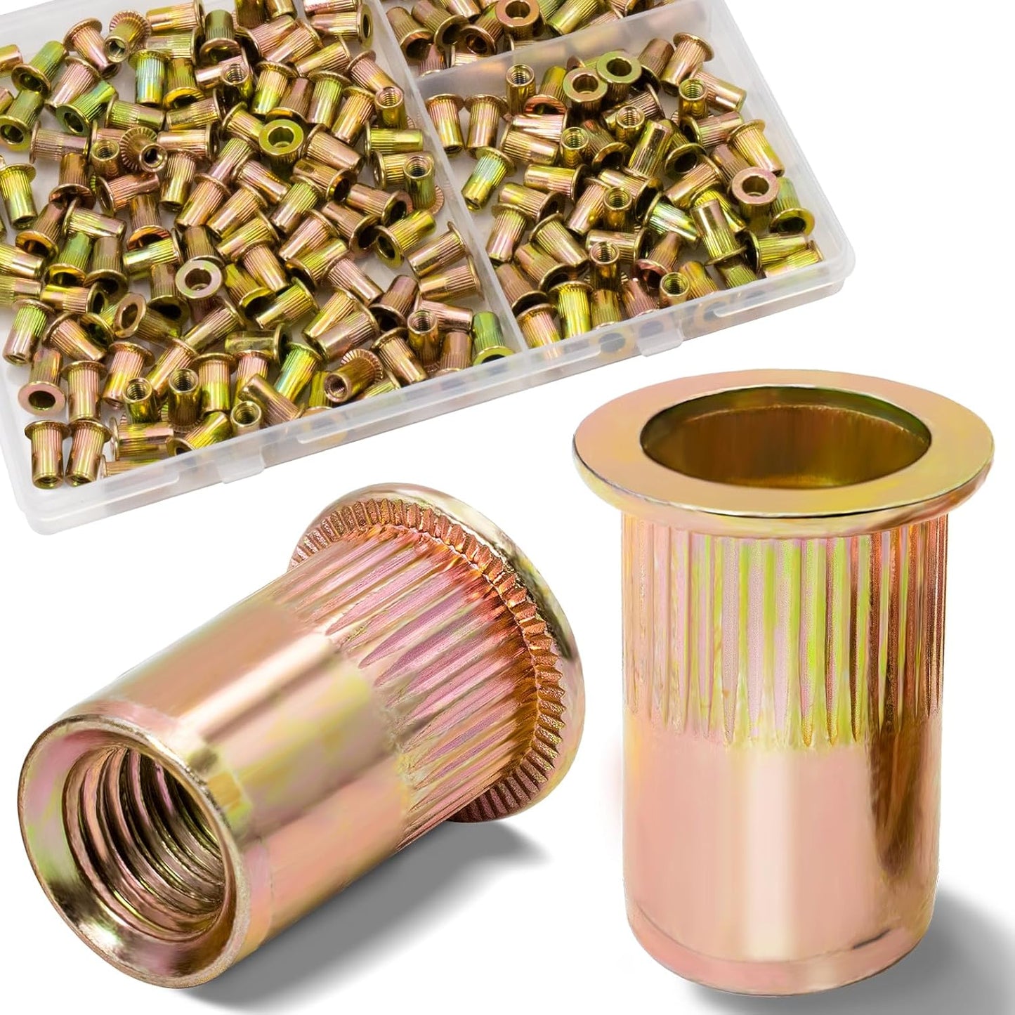 Vifmy Metric & SAE Rivet Nut Assortment Kit(420 Pcs),m3 m4 m5 m6 m8 m10 m12#6-32#8-32#10-24 1/4"-20 5/16"-18 3/8"-16 UNC Flat Head Rivnut Set,Zinc Plated Finish Carbon Steel Nutsert