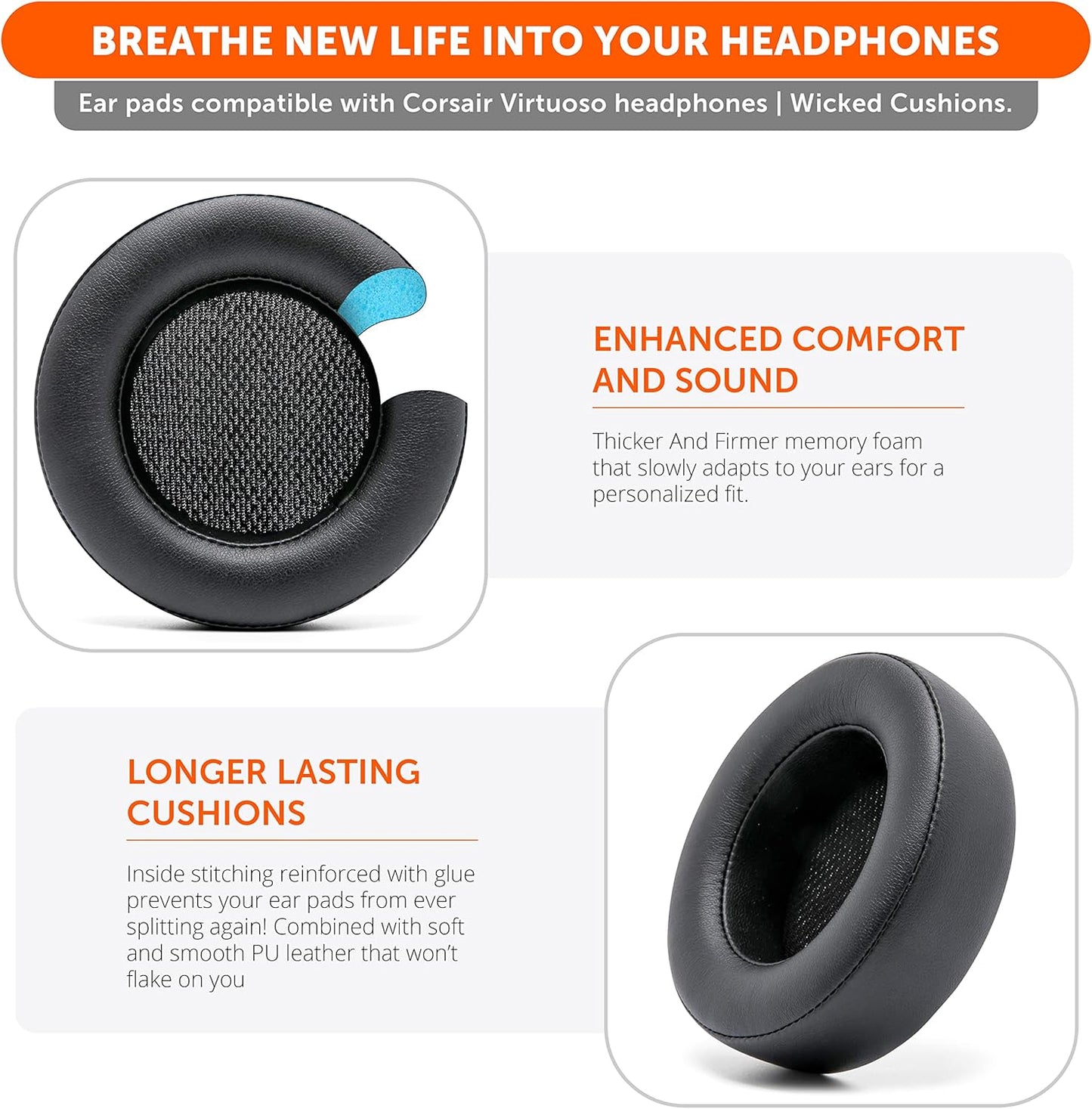 WC Upgraded Replacement Earpads for Corsair Virtuoso RGB Wireless Gaming Headset Made by Wicked Cushions | Improved Durability, Thickness, Softer Leather, and Sound Isolation | (90s Black)