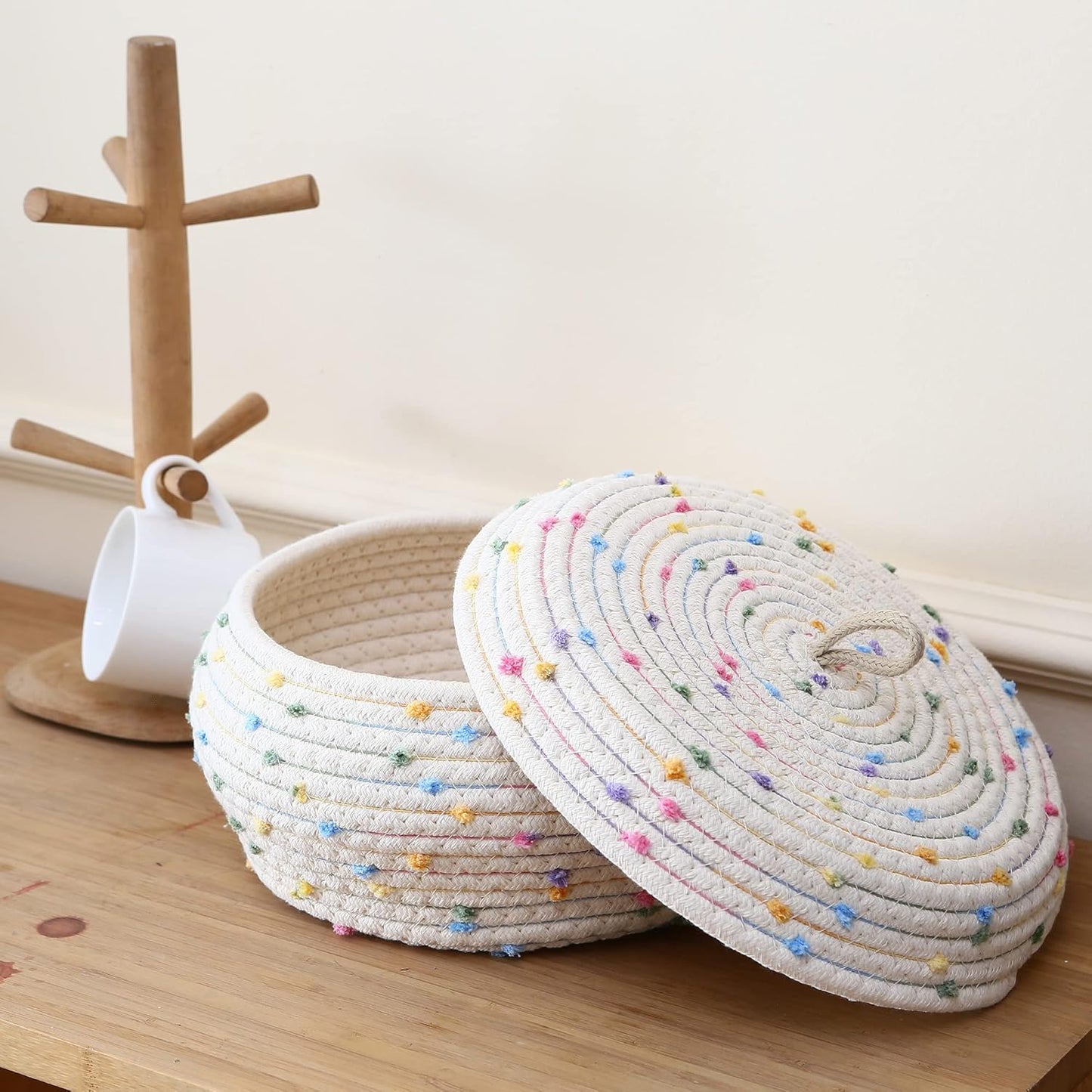 Sea Team Round Cotton Rope Storage Basket with Lid, Decorative Woven Storage Bin, Pot, Caddy, Organizer, Container for Snacks, Towels, Plants (Grey, Small)