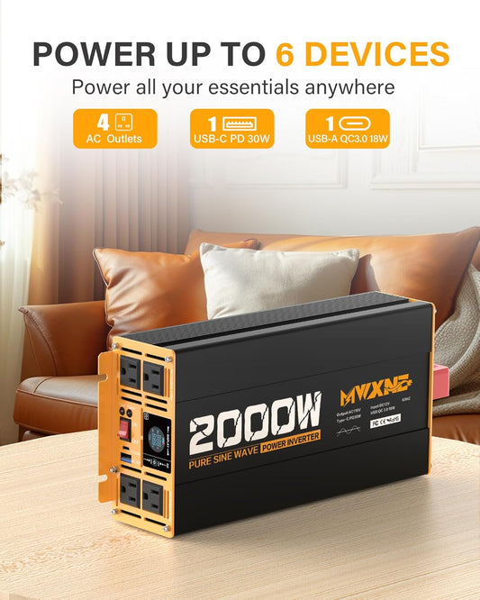 MWXNE 2000W Pure Sine Wave Inverter 12V DC to 110V 120V AC Car Converter for RV Truck Off-Grid Solar Power Inverter with 4 AC Outlets, USB/Type-C Fast Charging Ports, LCD Display, Remote Control