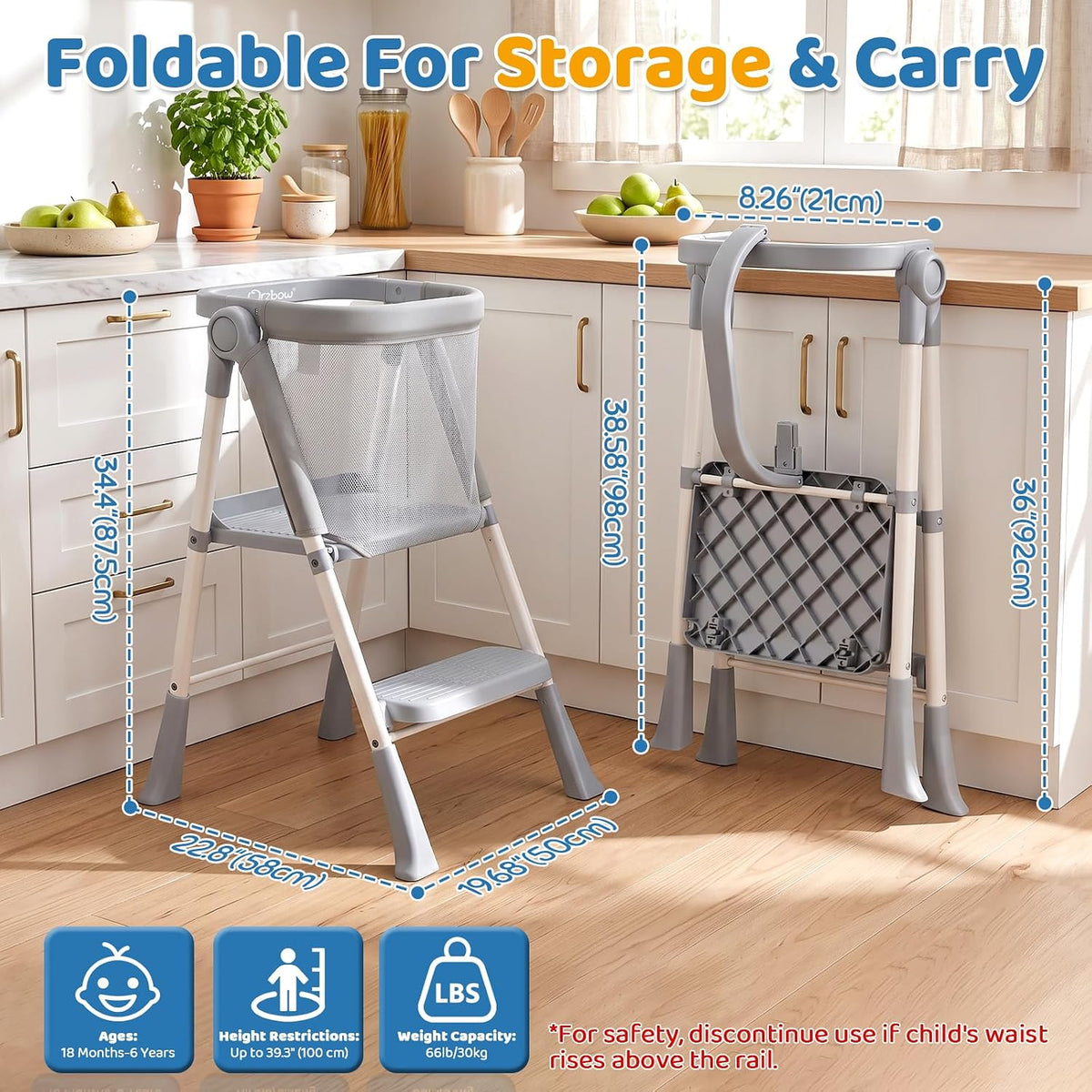 Orzbow Toddler Tower, Foldable Step Stool Kitchen Helper, Safety Rail & Net