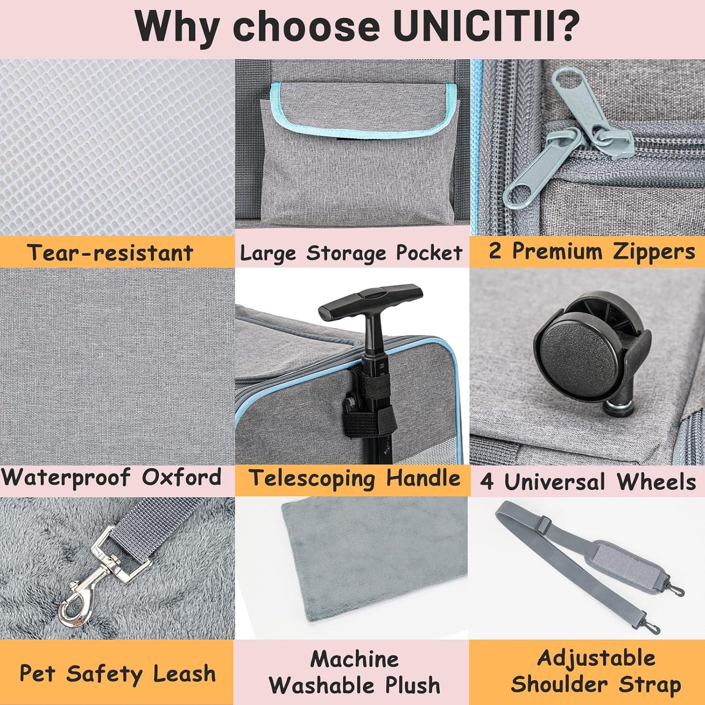 UNICITII Pets Carrier for Small Cat, Dog Medium Cats Puppies up to 20 Lbs, Airline Approved Carrier Soft Sided, Collapsible Travel Puppy Carrier (Grey-with Wheels)