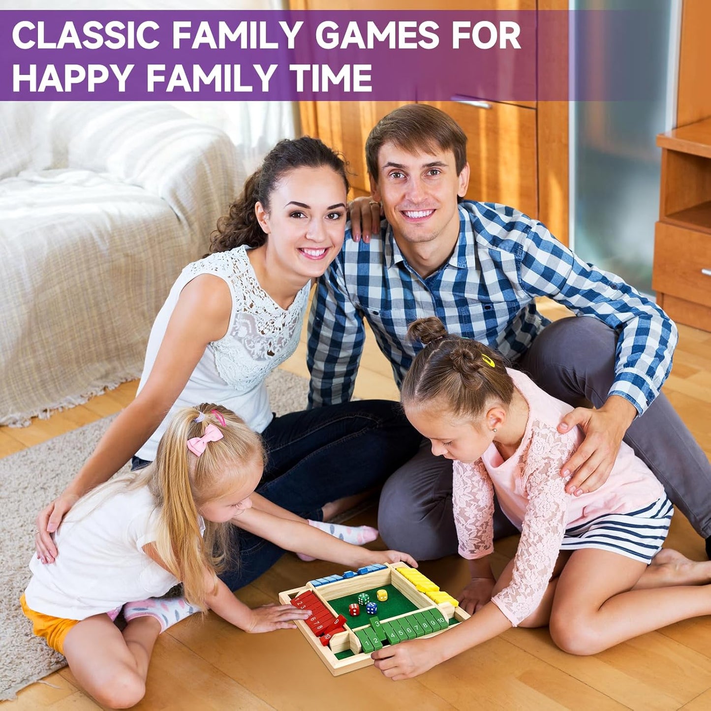 Shut The Box Dice Game for 1–4 Players, Traditional Wooden Math Board Game with 10 Number Tiles, Classic Tabletop Game for Family, Classroom, and Party Play - PuriLite