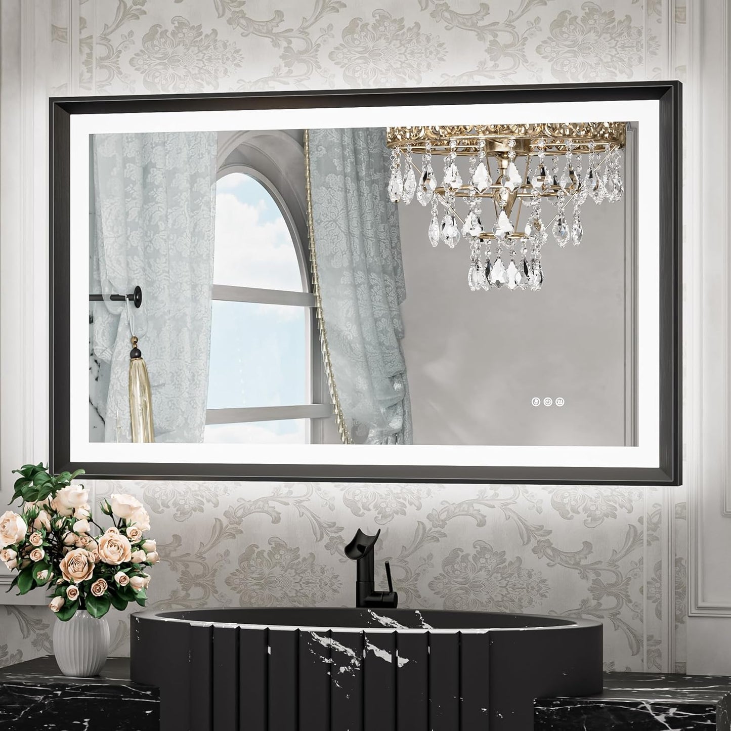 TETOTE 28x36 LED Mirror for Bathroom Black Metal Frame Frontlit & Backlit Lighted Vanity Mirror Baroque Gothic Anti Fog Stepless Dimmable White/Warm/Natural,Wall Mounted(Horizontal/Vertical)