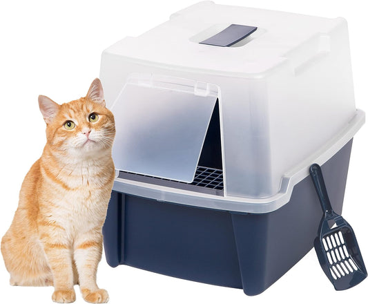 IRIS USA Cat Litter Box, Litter Box Enclosure with Scoop and Front Door Flap, Covered Kitty Litter Box for Privacy, Portable, Easy to Clean, Navy
