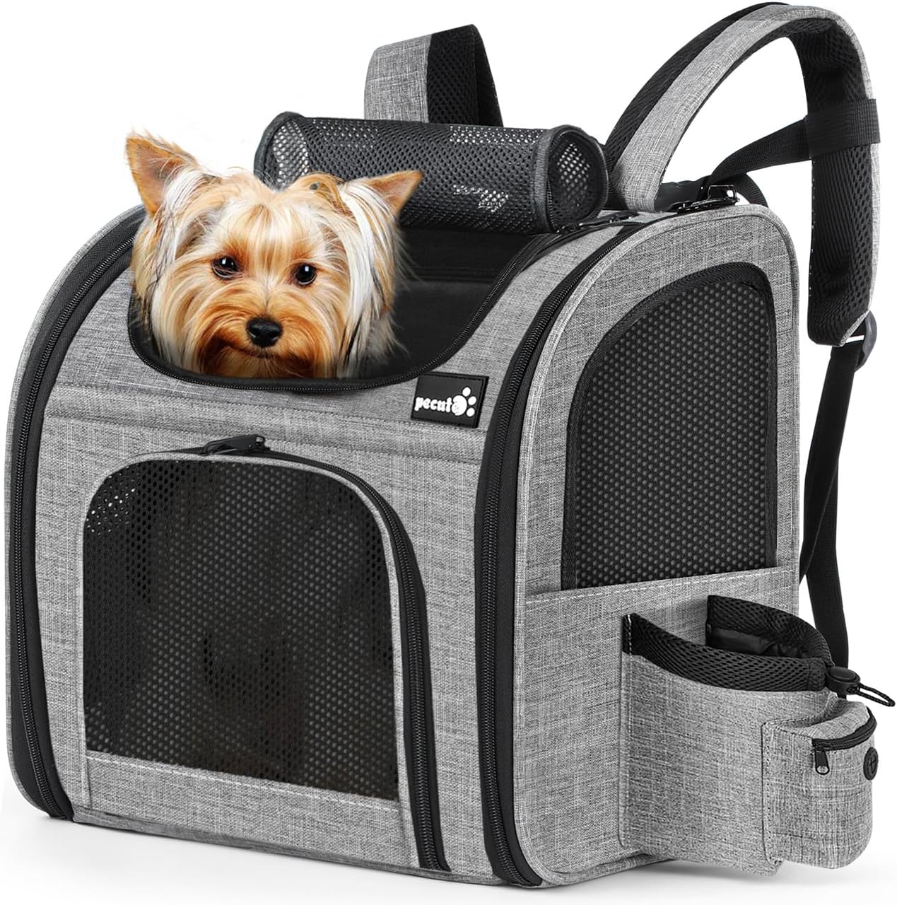 Pecute Cat Backpack with Breathable Mesh, Dog Backpack Carrier with Multi-Pockets for Cats Puppies, Pet Backpack Carrier for Travel Hiking Camping Outdoor (Gray)
