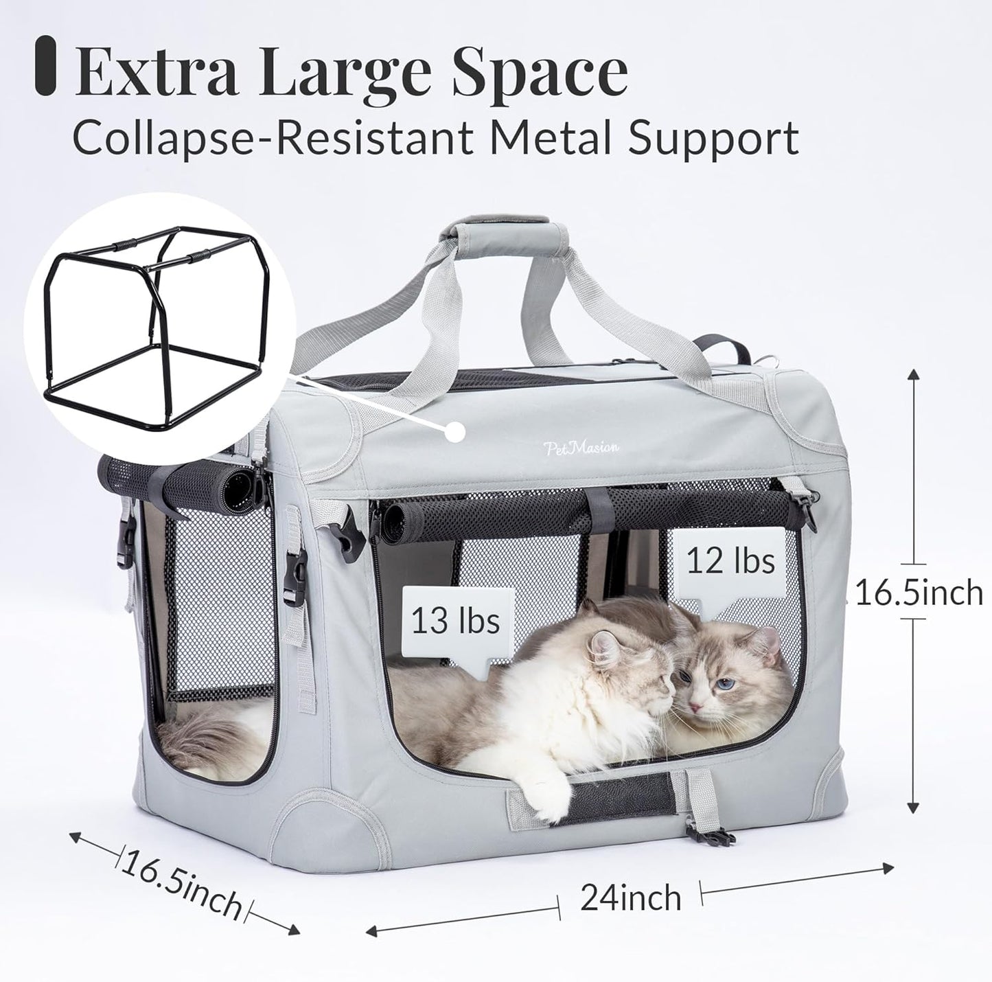 PetMasion Extra Large Cat Carrier for 2 Cats, Collapsible Soft Sided Pet XL Crate for Large Mudium Big Cat 20lbs+, Car Travel Portable Bag for Long Trips Ride 24"x16.5"x16.5"