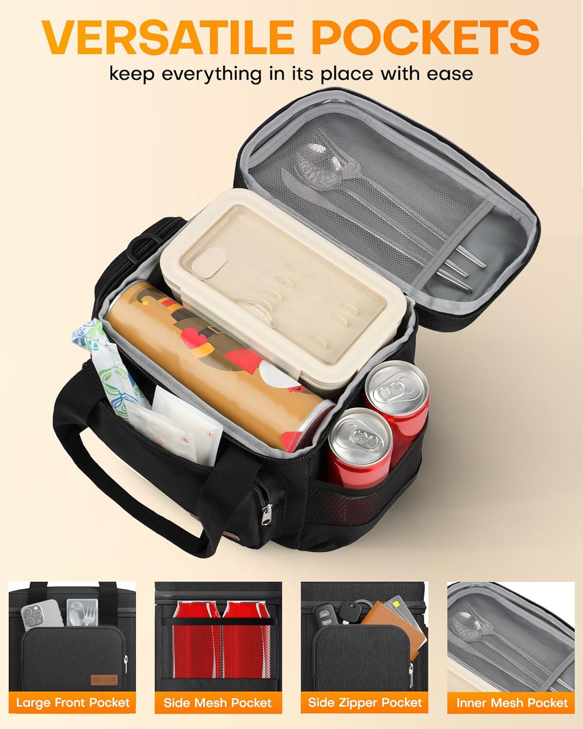 HOTOR Lunch Box for Men and Women - Leak-Proof Insulated Lunch Bag with Adjustable Shoulder Strap, Cooler Lunch Bag for Office, Picnic, Hiking, Beach, 1 Layer, Black, 11.0" x 7.1" x 8.3"