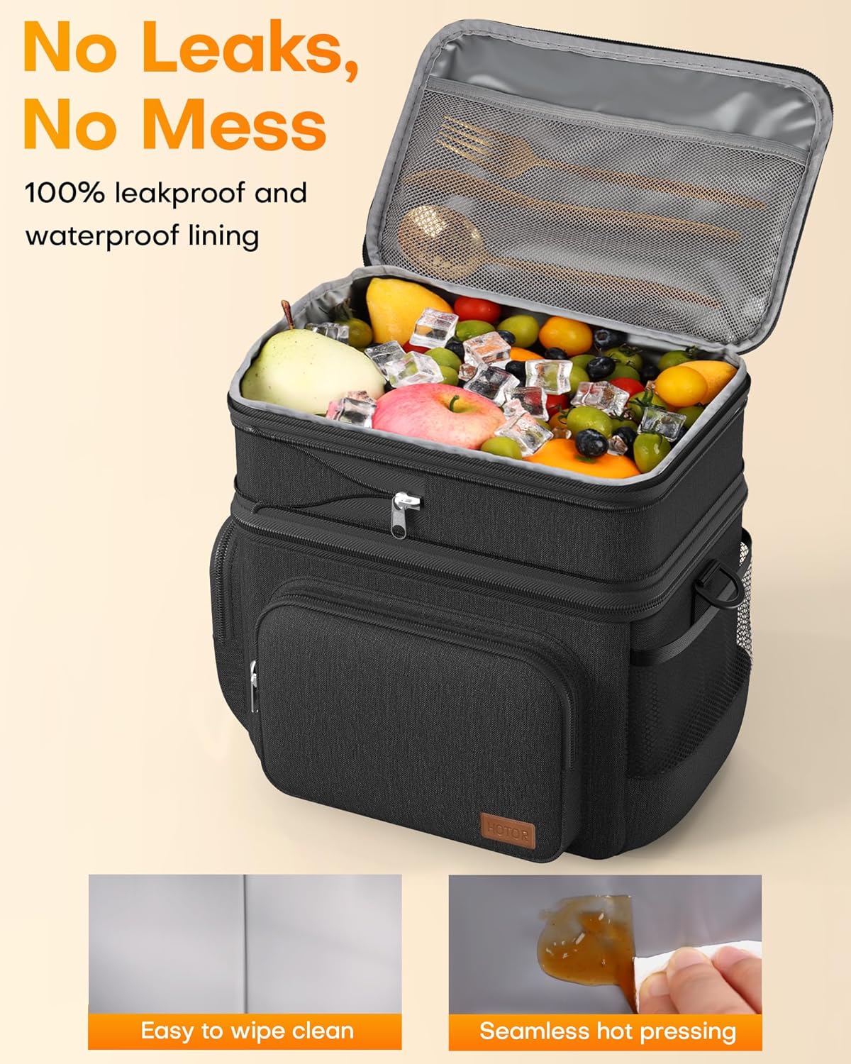 HOTOR Lunch Box for Men and Women - Leak-Proof Insulated Lunch Bag with Adjustable Shoulder Strap, Cooler Lunch Bag for Office, Picnic, Hiking, Beach, 1 Layer, Black, 11.0" x 7.1" x 8.3"