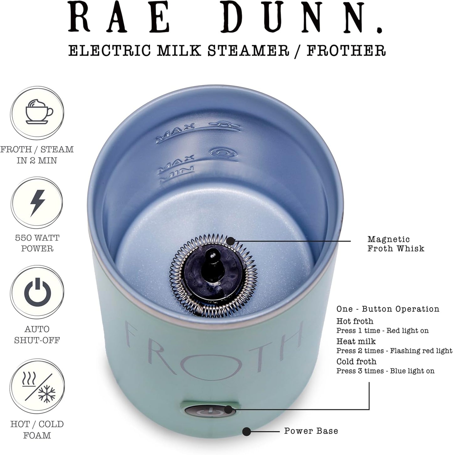 Rae Dunn - Electric Milk Frother - Elegant Automatic Milk Steamer and Frother, Milk Warmer, Hot and Cold Frothing Machine for Coffee, Latte, Cappuccino, Macchiato,
