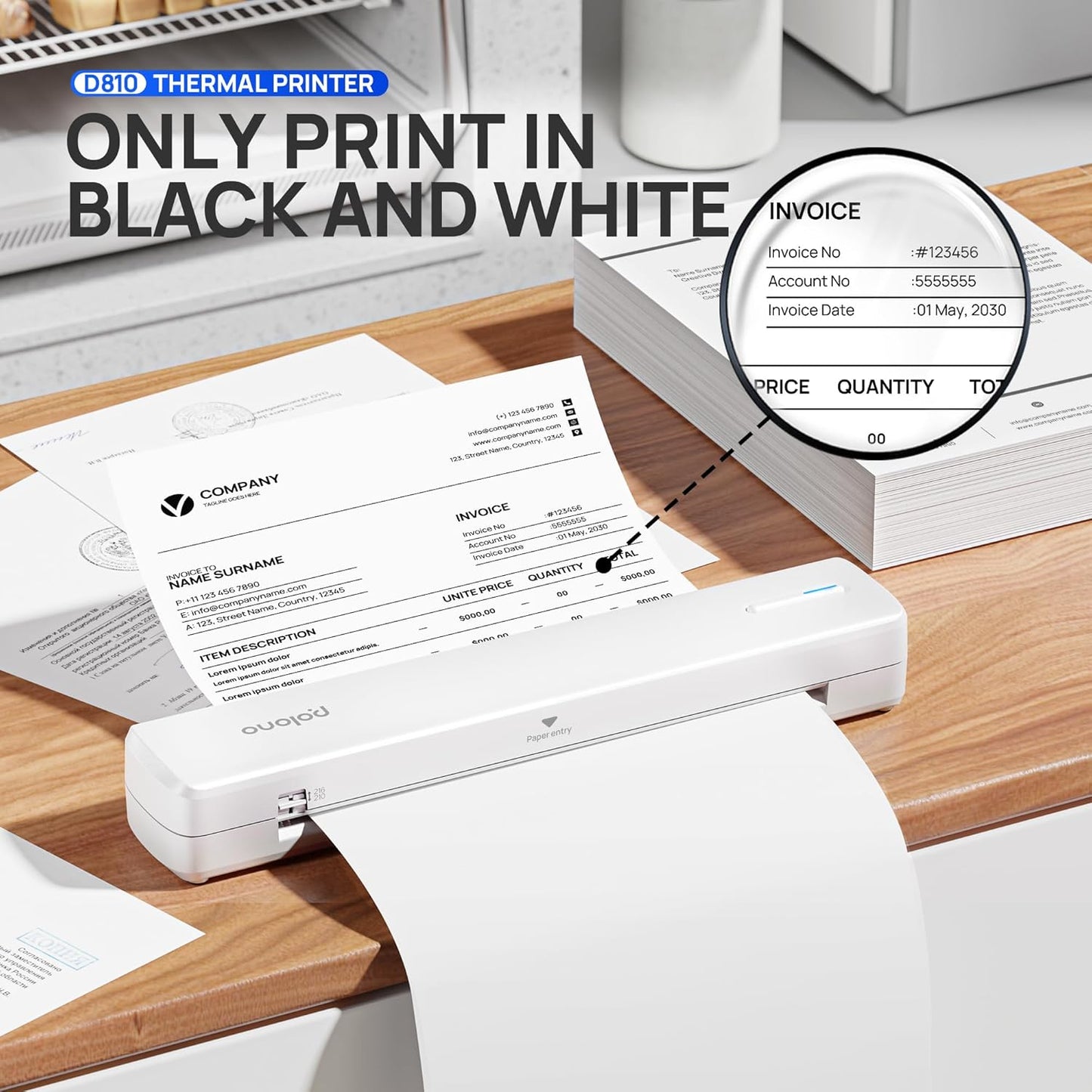 POLONO Portable Printer Wireless for Travel, D810 Bluetooth Thermal Printer Support for 8.5"x11" US Letter, Inkless Compatible with iOS, Android, Laptop for Office, Car and Home, White
