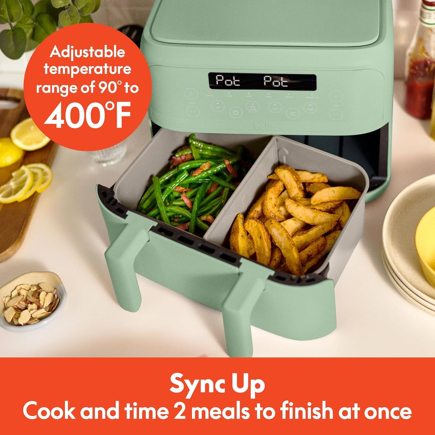 bella 4Qt Slim Air Fryer, Fits-anywhere Kitchenware, EverGood Ceramic Nonstick Coating, Adjustable Temperature, 6 Preset Cooking Options, 60 Min Auto Shutoff w Audible Tone, 3.3lb Capacity, Surf