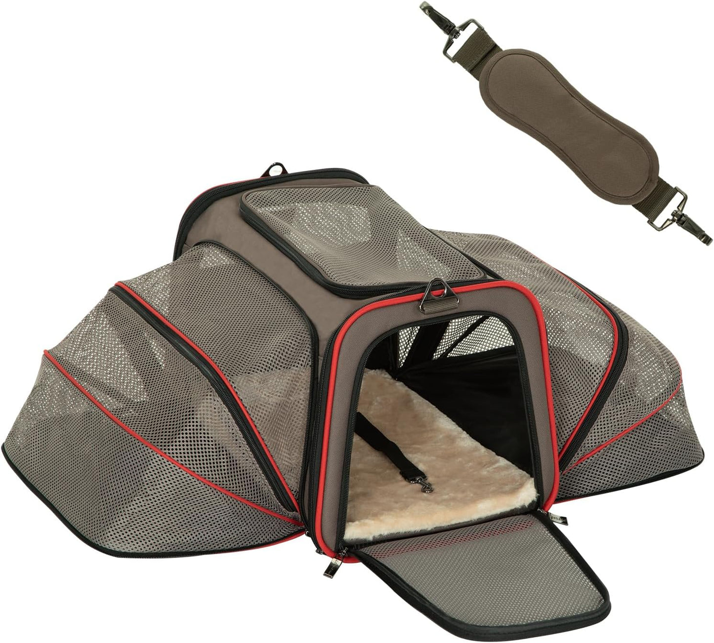 Petsfit Expandable Cat Dog Carrier Airline Approved, 17" L x 11" W x 11" H Soft-Sided Portable Pet Travel Carrier for Kitten, Puppy, Removable Soft Plush Mat and Pockets, Auto-Locking Zippers