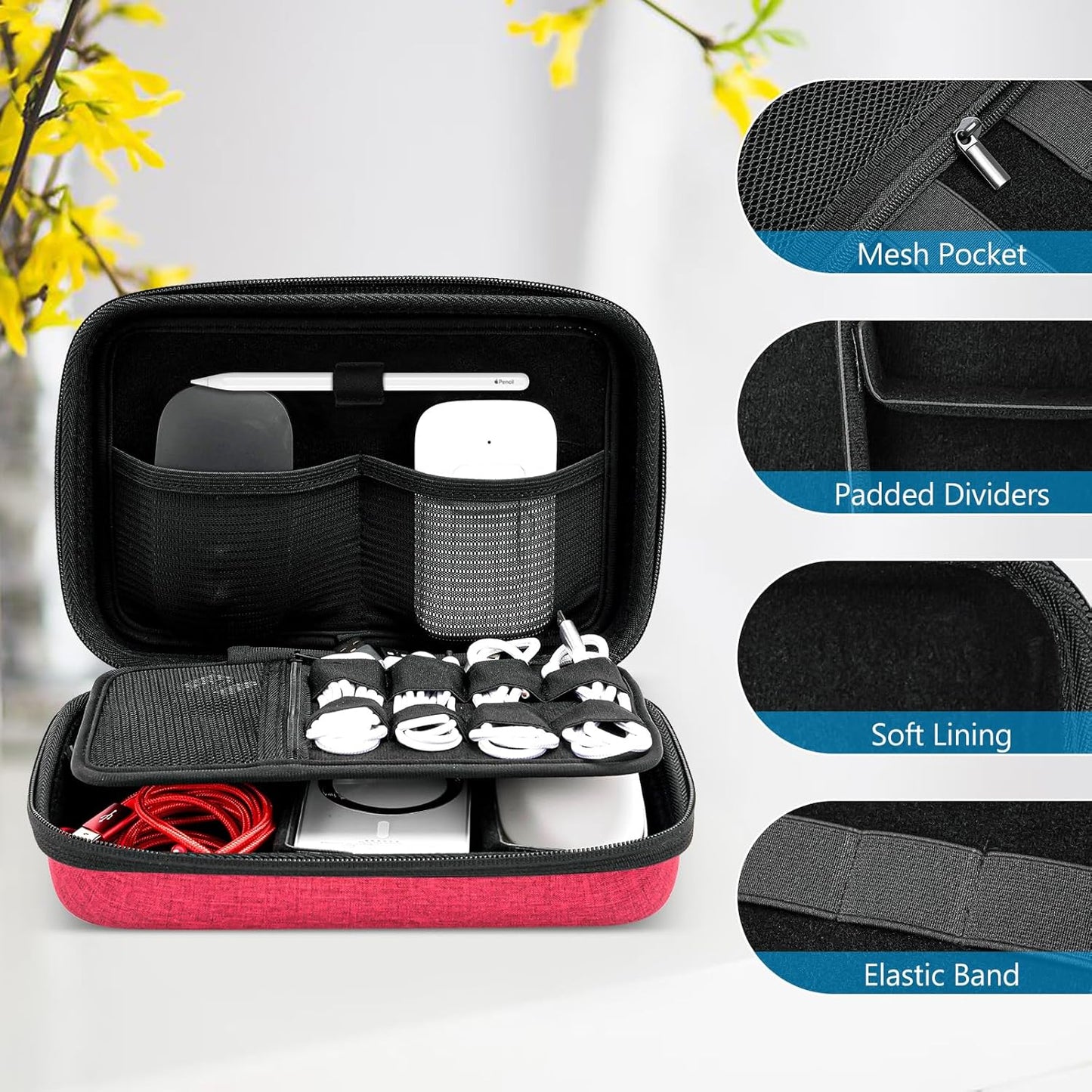 ProCase Hard Travel Electronic Organizer Case for MacBook Power Adapter Chargers Cables Power Bank Apple Magic Mouse Apple Pencil USB Flash Disk SD Card Small Portable Accessories Bag -L, Black