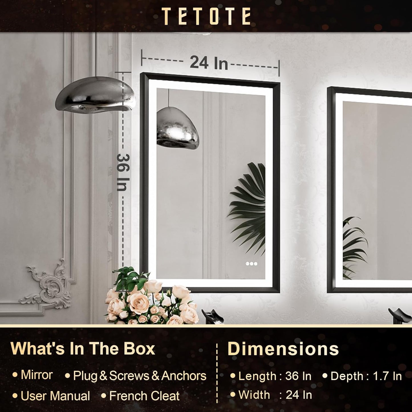 TETOTE 28x36 LED Mirror for Bathroom Black Metal Frame Frontlit & Backlit Lighted Vanity Mirror Baroque Gothic Anti Fog Stepless Dimmable White/Warm/Natural,Wall Mounted(Horizontal/Vertical)