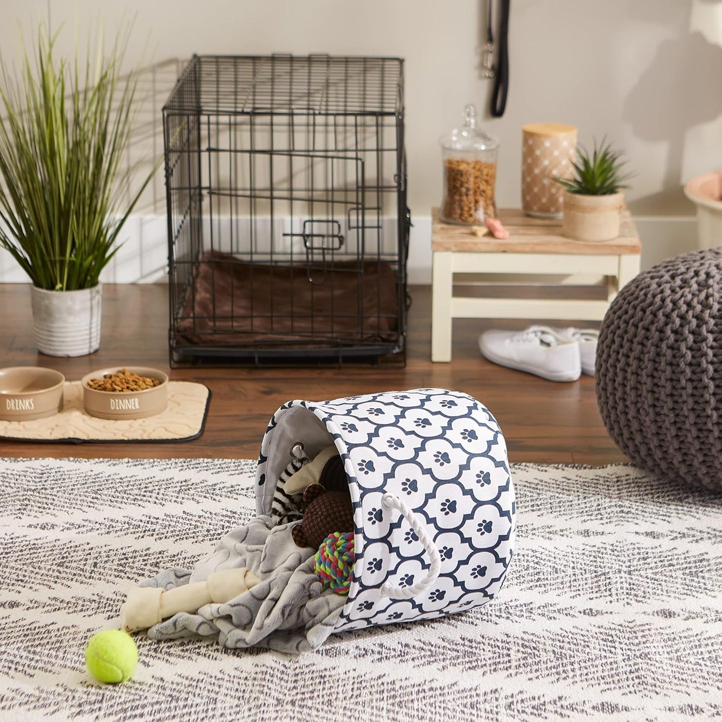 DII Bone Dry RoundSmall Pet Toy and Accessory Storage Bin, 12"(Dia) x9(H), Collapsible Organizer Storage Basket for Home Decor, Pet Toy, Blankets, Leashes and Food-Gray Stripes