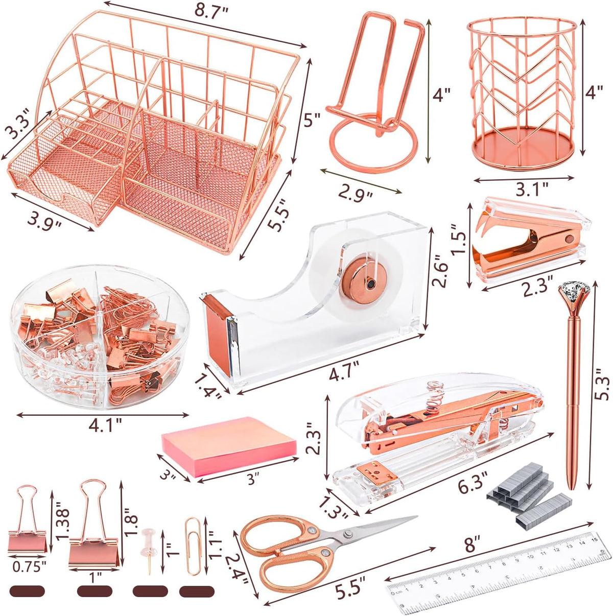 Grehge fice Desk Organizers, Rose Gold 13PCS Office Supplies and Accessories Desk organizer, Acrylic