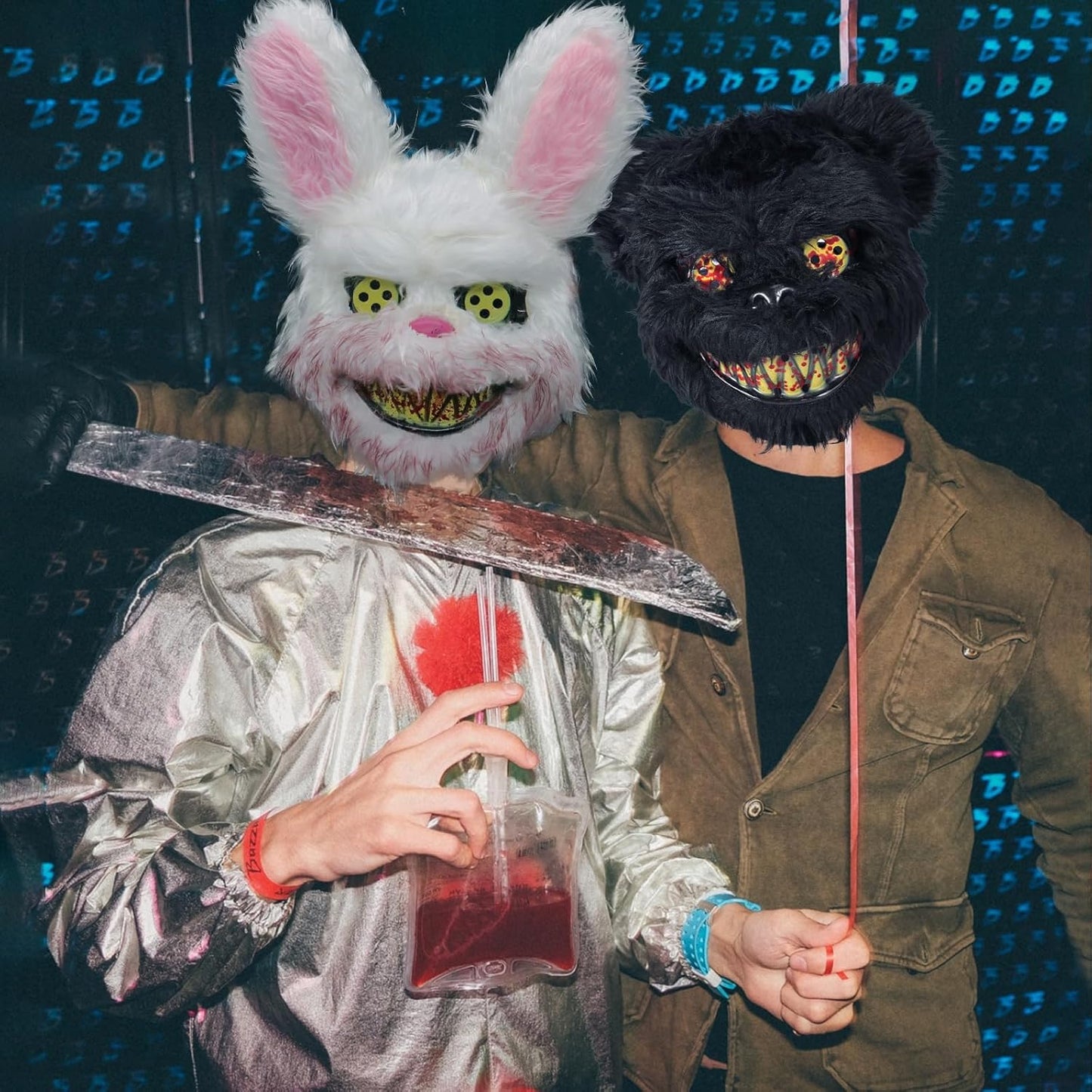 2Pcs Halloween Scary Mask Rabbit Bunny Brown Black Bear Mask Bloody Animal Mask,Halloween Cosplay Costume Props Party