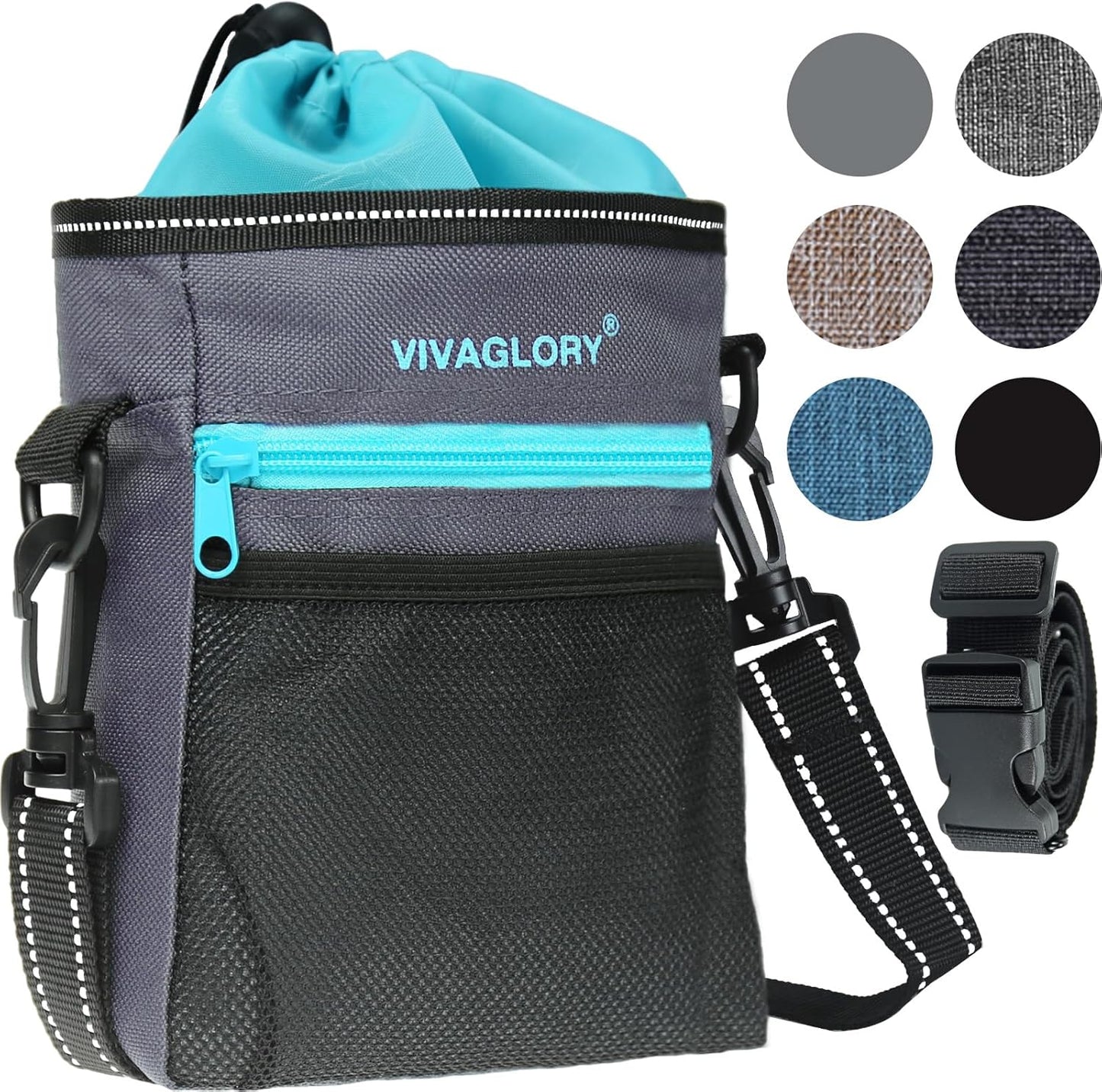VIVAGLORY Dog Training Treat Pouch, 4Ways to Wear Dog Treat Bags, Built in Dog Waste Bag Dispenser Treats Training Bags with Reflective Adjustable Shoulder Strap, Black