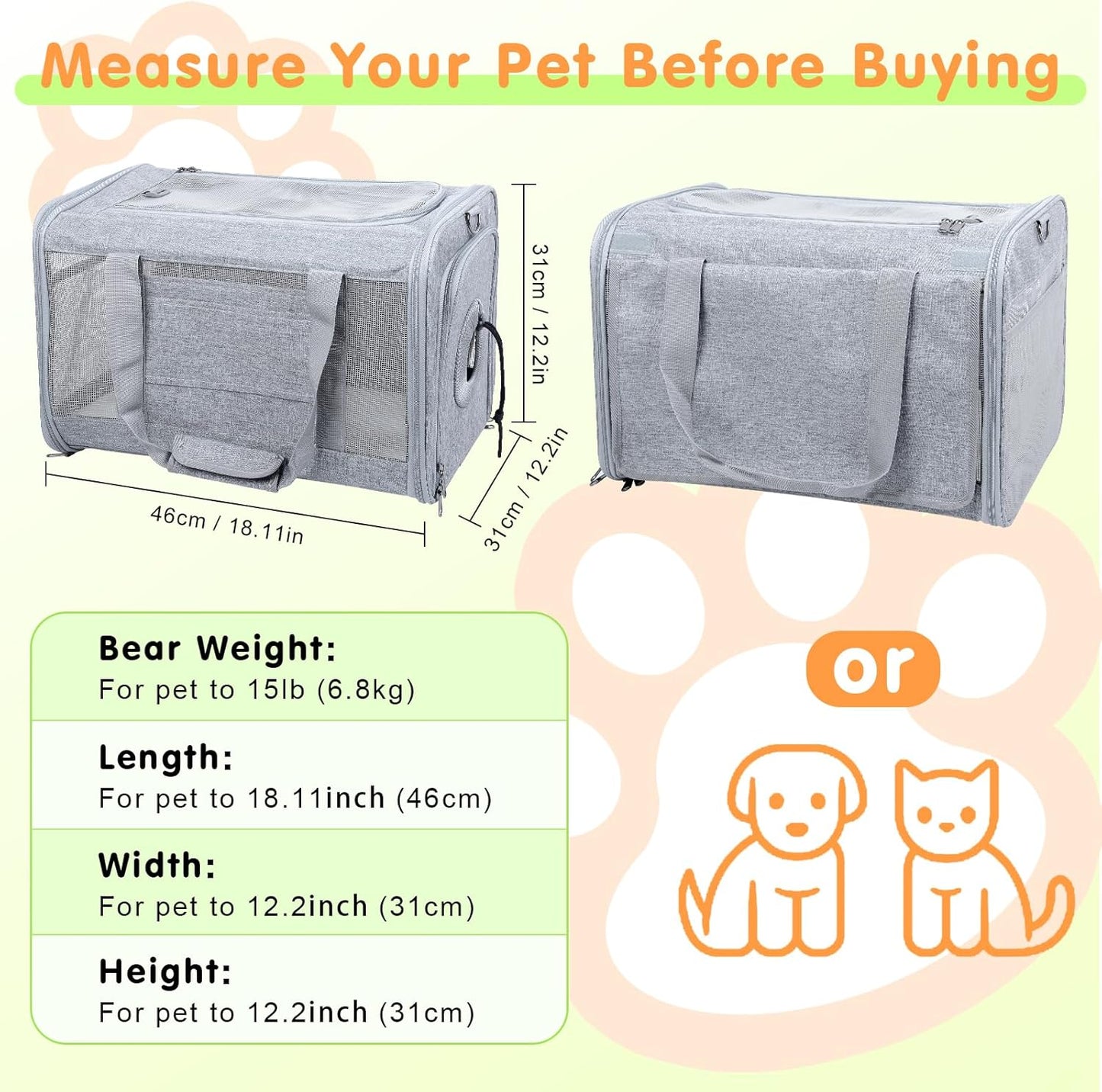 Qoosea Pet Carrier, Suitable for Small Medium Cat Dog Puppy, Soft-Sided Collapsible, Ventilated Windows, Portable Travel Cat Dog Bag (Grey)