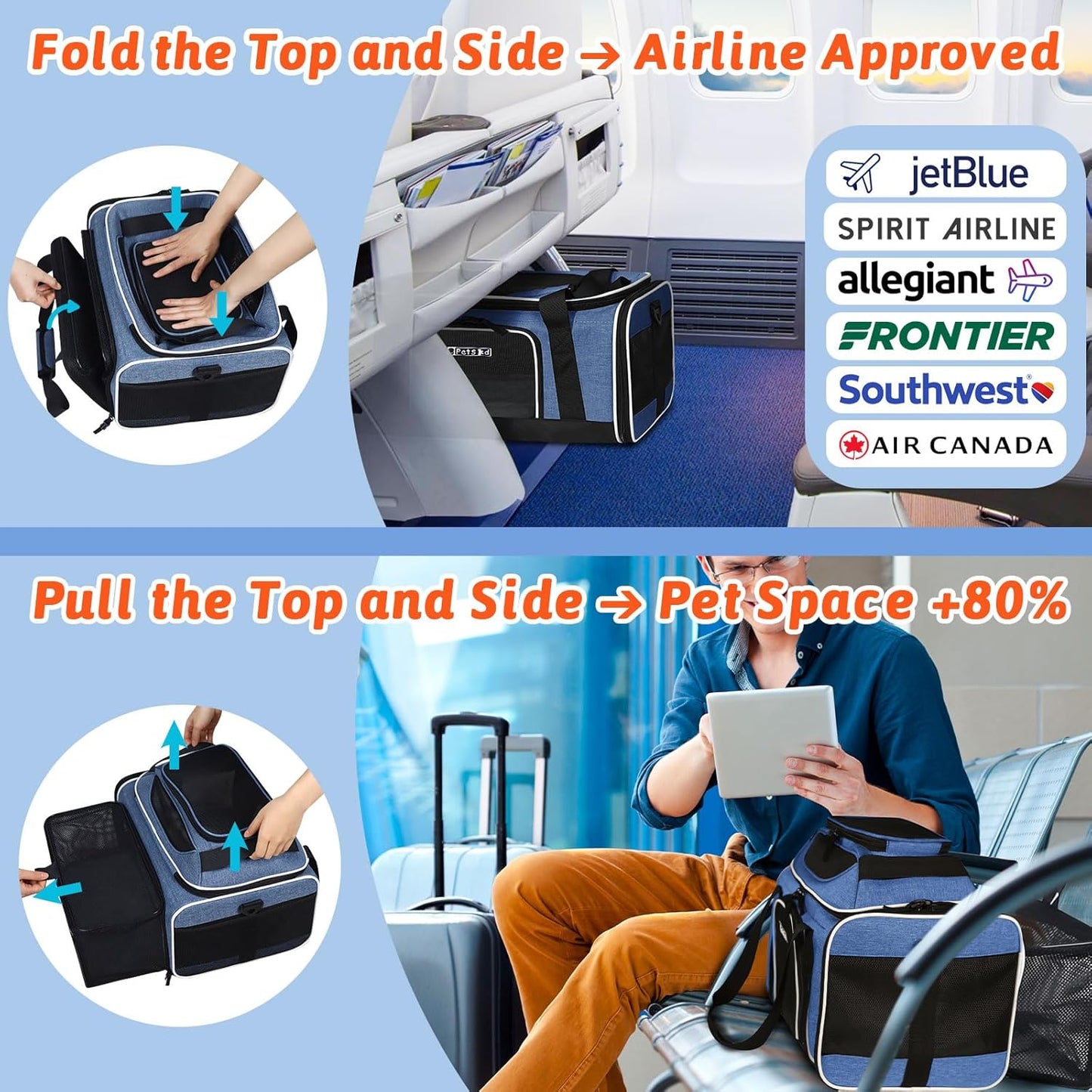Petskd Top and Side Expandable Pet Carrier 17x12x8.5 Inches JetBlue Frontier Spirit Airline Approved, Soft-Sided Carrier for Small Cats and Dogs with Locking Safety Zipper and Anti-Scratch Mesh(Black)