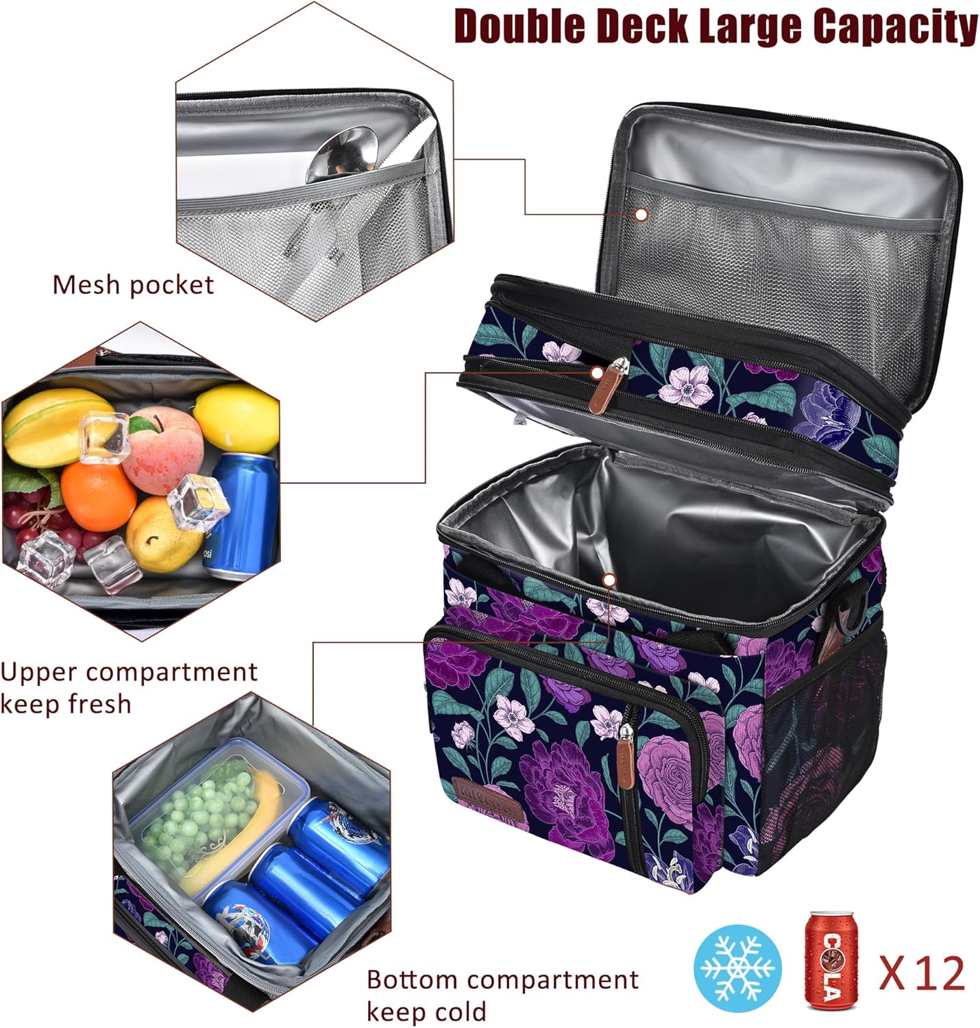 Lunch Bag for Women Men Double Deck Lunch Box - Leakproof Insulated Soft Large Lunch Cooler Bag, MIYCOO (Black,15L)