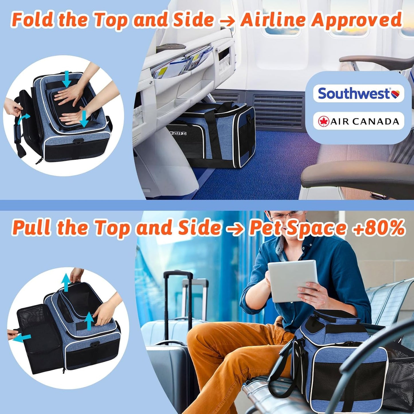 Petskd Top and Side Expandable Pet Carrier 17x12x8.5 Inches JetBlue Frontier Spirit Airline Approved, Soft-Sided Carrier for Small Cats and Dogs with Locking Safety Zipper and Anti-Scratch Mesh(Black)