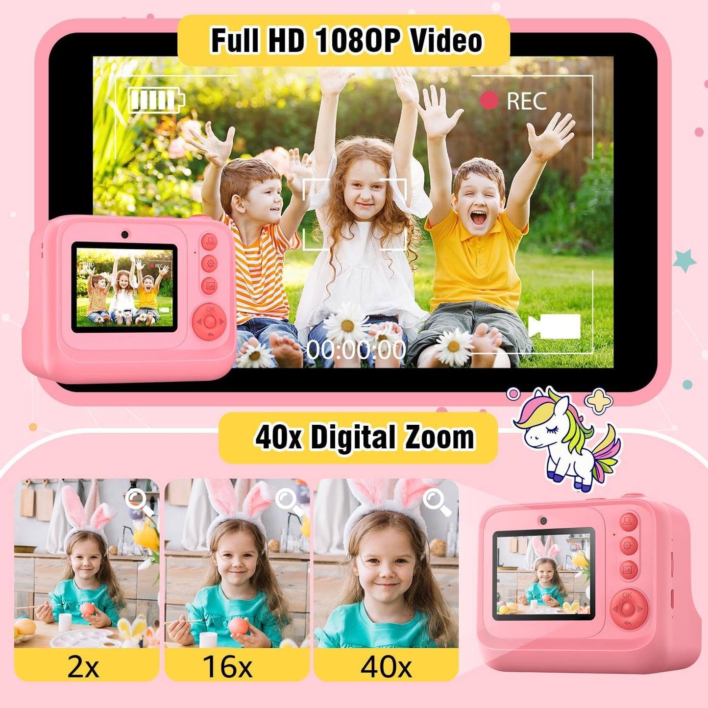 Instant Print Camera for Kids Age 3-12 Girls Boys 1080P Selfie HD Digital Video Cameras with 6 Print Paper & 32G Card Toddler Portable Travel Toys Camera for Christmas Birthday Gifts