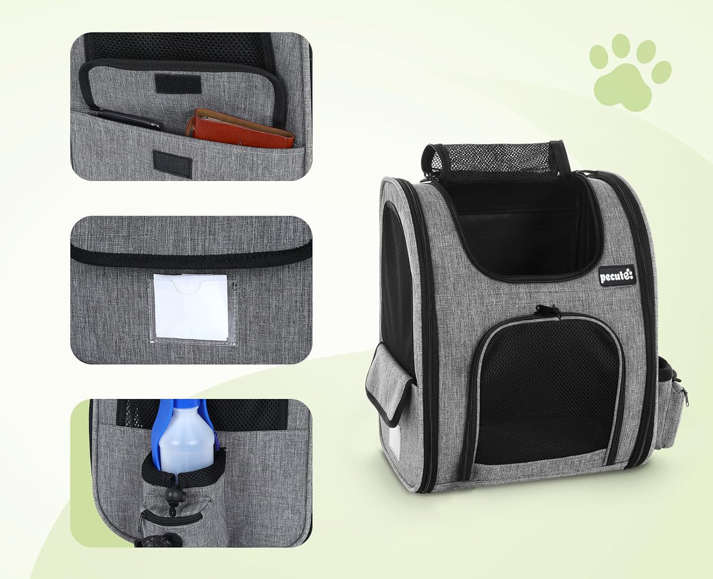 Pecute Cat Backpack with Breathable Mesh, Dog Backpack Carrier with Multi-Pockets for Cats Puppies, Pet Backpack Carrier for Travel Hiking Camping Outdoor (Gray)