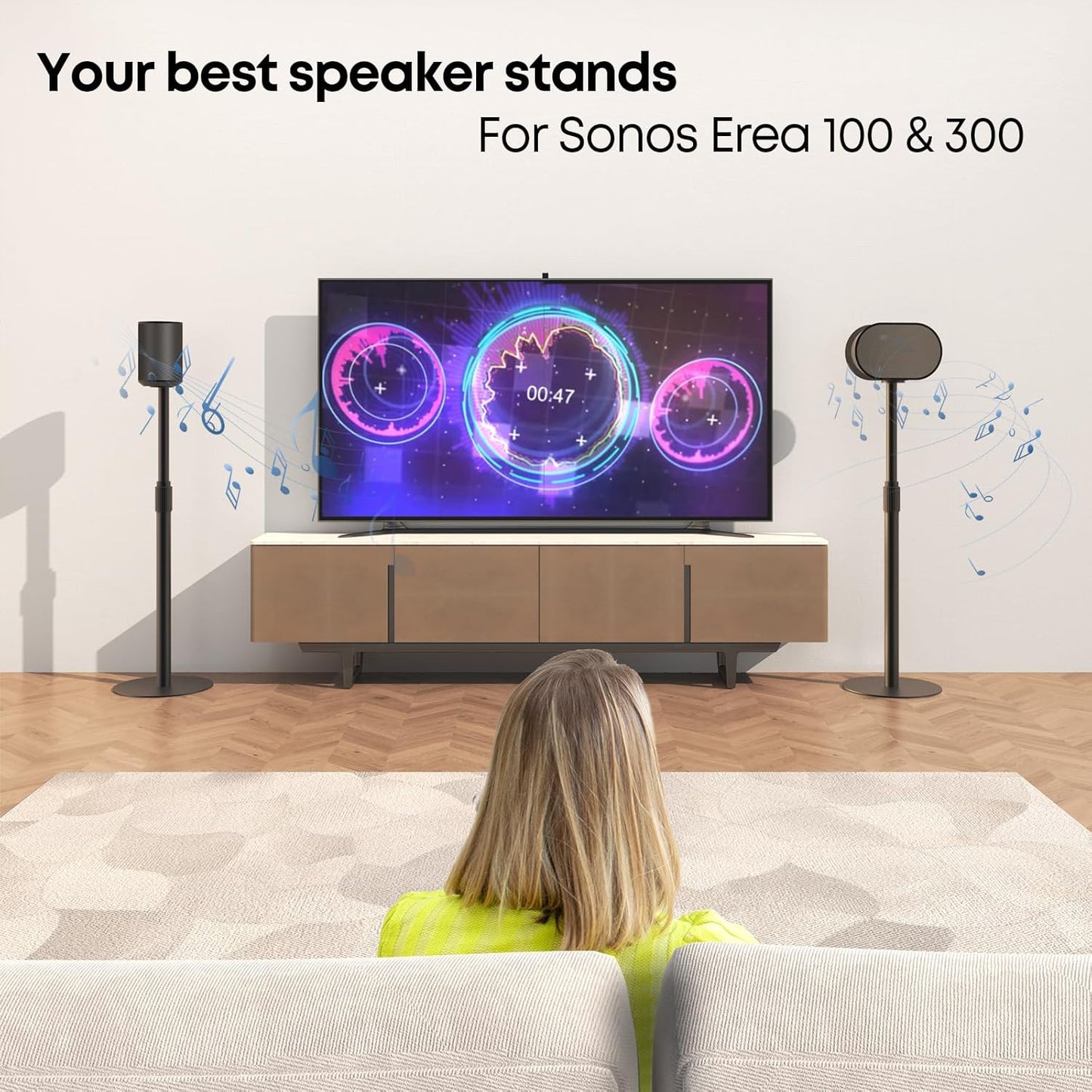 Speaker Stands for SONOS Era-100 and Era-300 - Height Adjustable Speaker Stand up to 42.6'', Concealed Cable Management, Max Load 11lbs, 1 Pair (2 Pack), Black