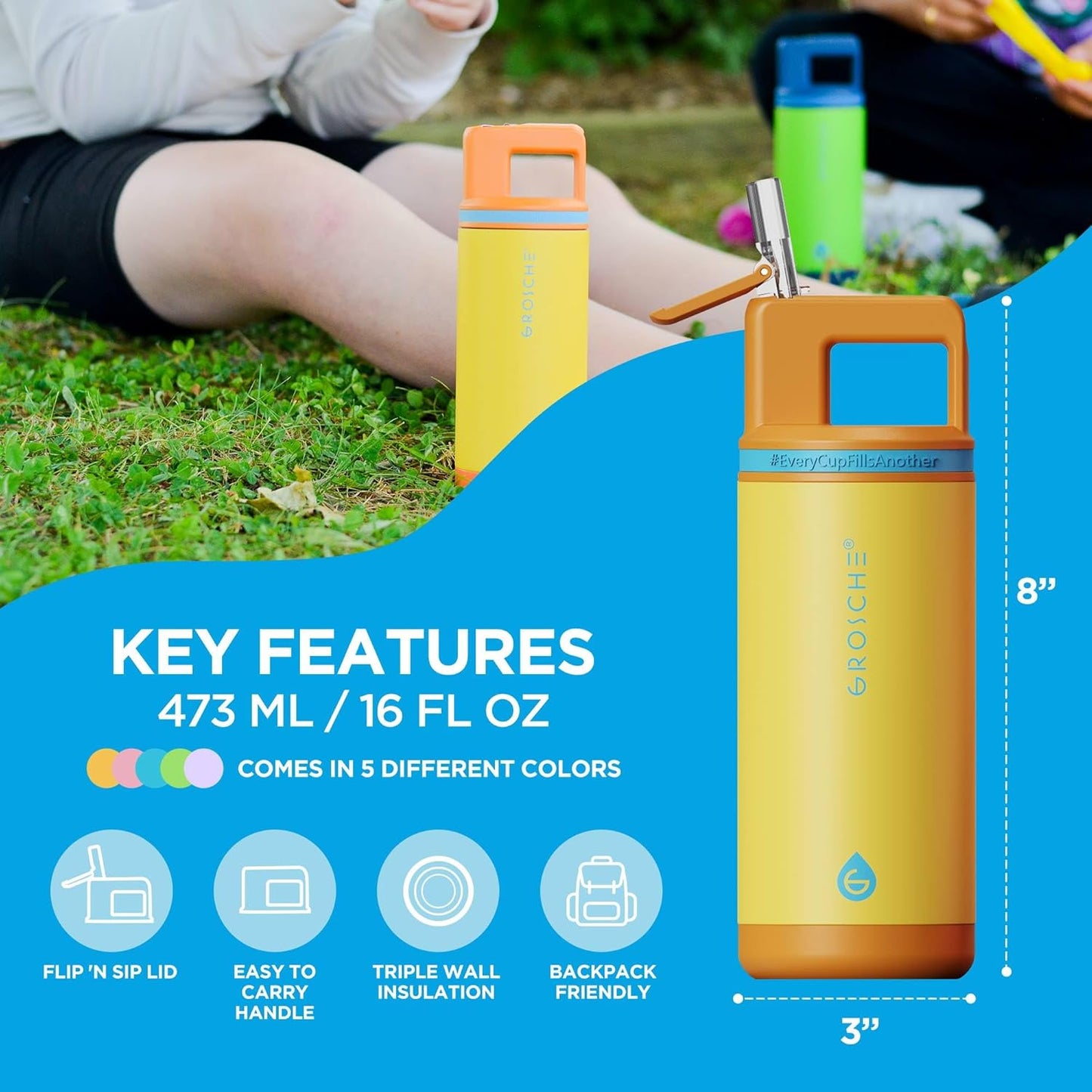 GROSCHE Alpine Flip 'N Sip 16oz Insulated Water Bottle - Stainless Steel, Leakproof Flask with Straw - Perfect for Gym, Travel, Sports & Outdoor Use, Canadian Brand! - 16 fl. oz, Scuba Blue