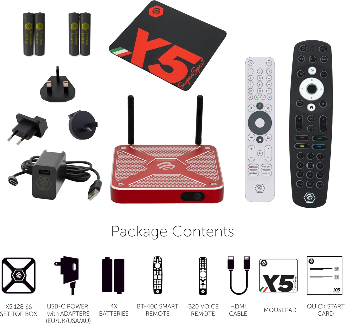 BuzzTV X5 SS Android 13 TV Box, 4GB DDR4 RAM, 128GB Storage, Scarlet Red Aluminum, Dual Voice-Controlled Remote, Wireless AX, USB-C, Global Power Adapters