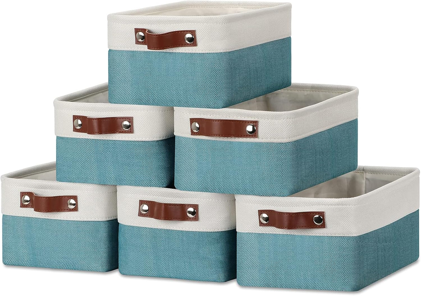 DULLEMELO Storage Baskets for Shelves, Fabric Collapsible Rectangular Storage Bins for Shelves, Closets, Nursery, Home, Office, Empty Gift Baskets (White&Teal)