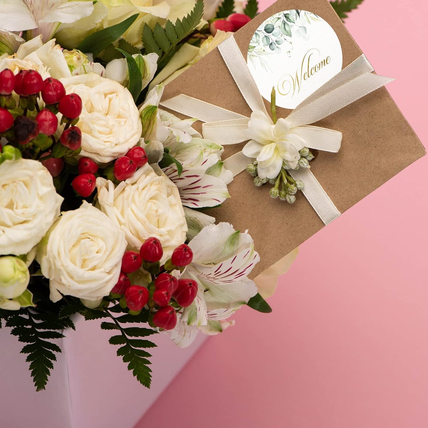 Mobiusea Creation Welcome Stickers | 2 inch | Gold Foil | 60pcs Waterproof Greenery Welcome Bag Stickers for Wedding, Bridal Shower, Birthday, Baby Shower, Party Gift Bags