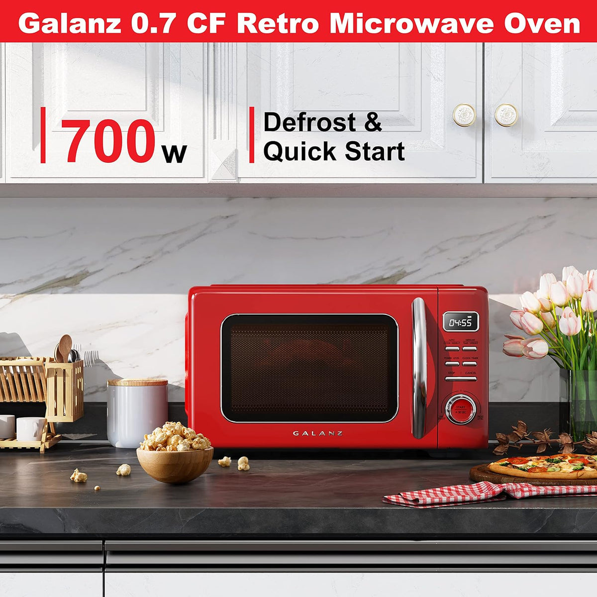 Galanz GLCMKZ07RDR07 Retro Countertop Microwave Oven with Auto Cook & Reheat, Defrost, Quick Start Functions, Easy Clean with Glass Turntable, Pull Handle,0.7 cu ft, Red