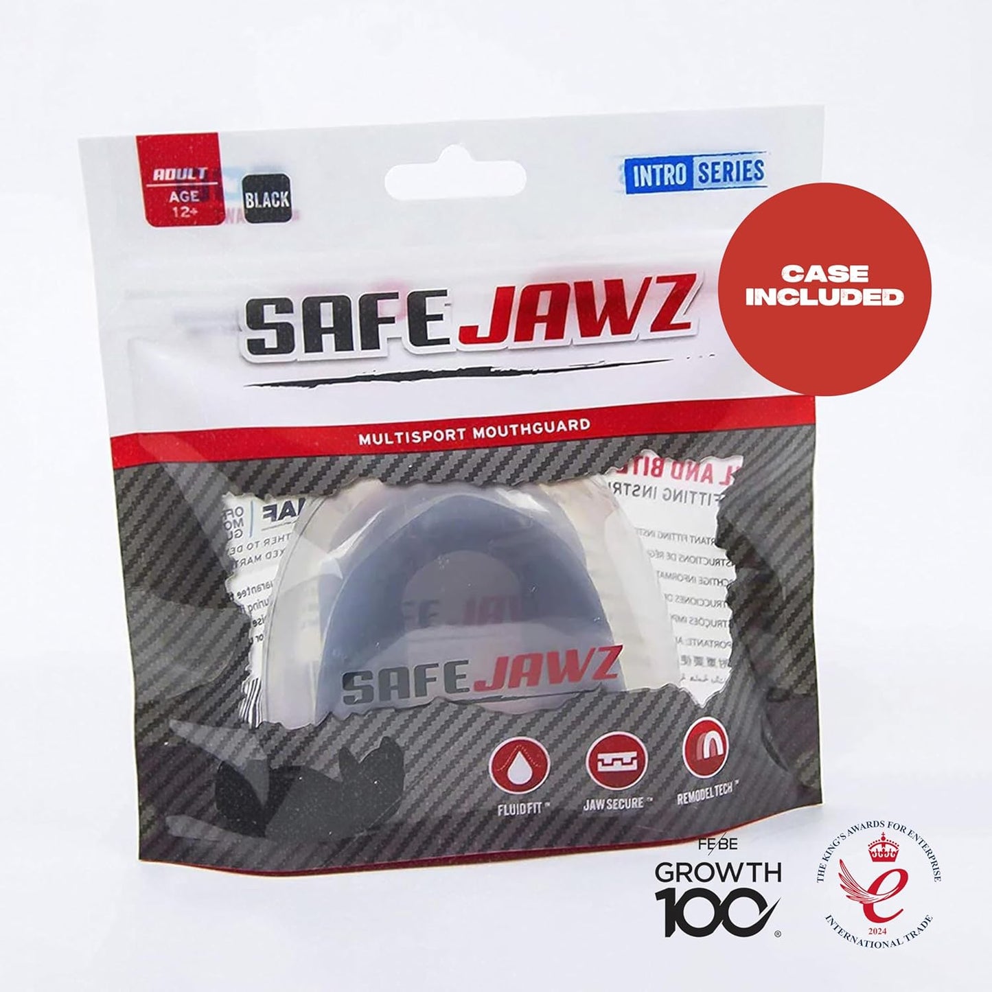 SAFEJAWZ Mouthguard Strapless Slim Fit, Adults and Junior with Case for Boxing, Basketball, Football, MMA, Martial Arts, Hockey and All Contact Sports (Adults (12+ Years), Black)