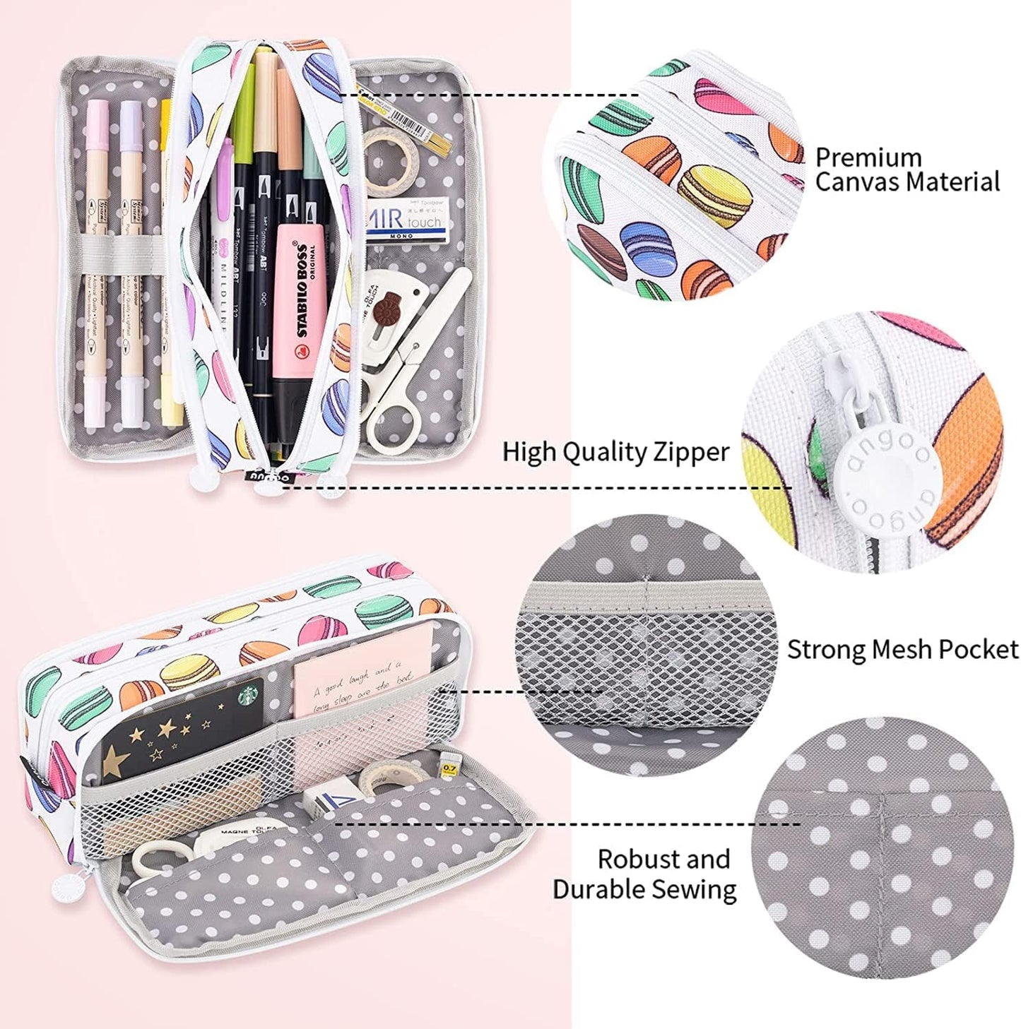 Big Capacity Pencil Case, OLIYuMi 3 Compartment Pencil Pouch Pencil Bag Storage Box Stationery Organizer Makeup Bag with Zipper Closure for Student Office College Boys and Girls (Pink)
