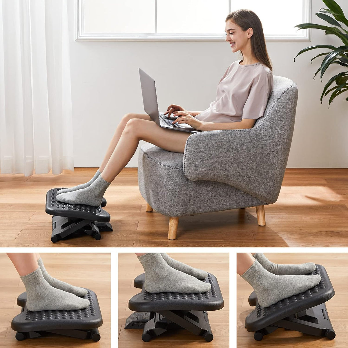 HUANUO Adjustable Footrest Under Desk - Ergonomic Foot Rest with 3 Height Position - 30 Degree Tilt Angle Adjustment for Home, Office, Non-Skid Massage Surface Texture Improves Comfort