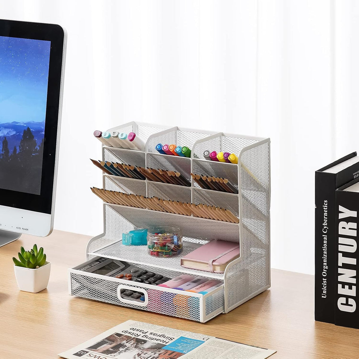 Marbrasse Mesh Desk Organizer, Multi-Functional Pen Holder, Pen Organizer for desk, Desktop Stationary Organizer, Storage Rack for School Home Office Art Supplies (White Mesh Pen Holder with Drawer)