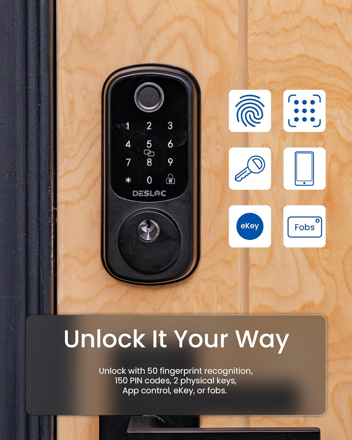 DESLOC B200 Fingerprint Smart Door Lock, Keyless Entry Door Lock, App Control, Easy Installation, Front Door Smart Deadbolt Lock, Touchscreen Keypad, Emergency Power Port, 12 Months Battery, IP54
